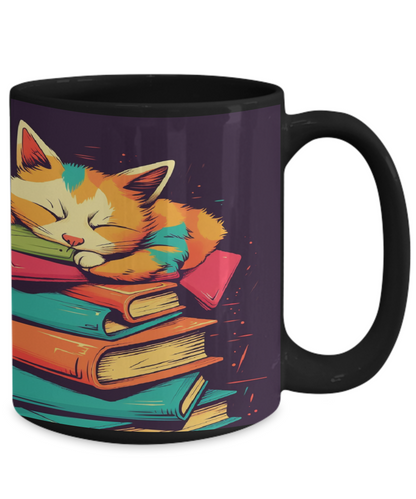 Sleepy Cat & Books Cartoon #4 Ceramic Mug