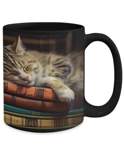 Sleepy Cat & Books Realist Style #3 Ceramic Mug