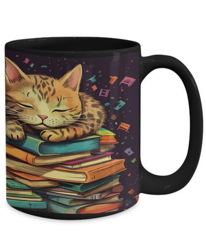 Sleepy Cat & Books Cartoon #2 Ceramic Mug