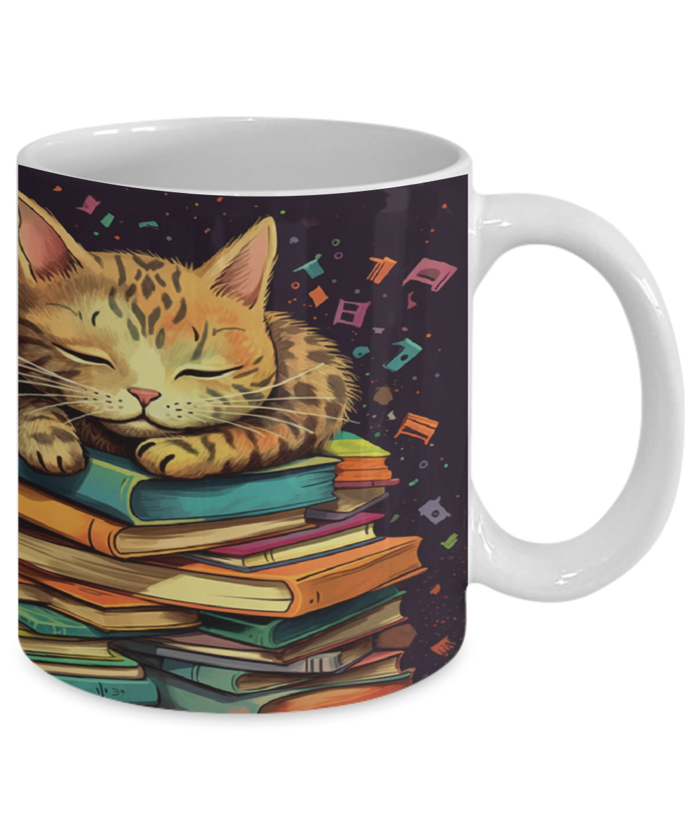 Sleepy Cat & Books Cartoon #2 Ceramic Mug