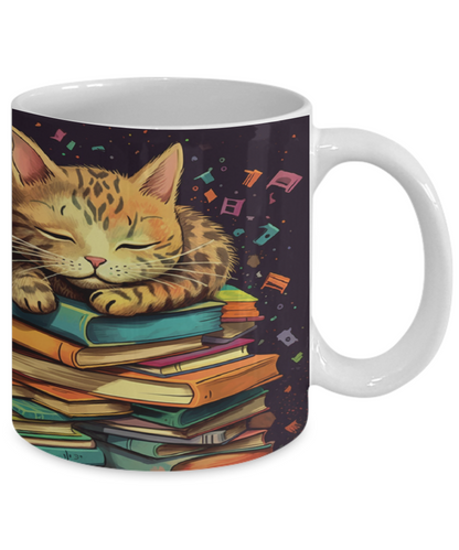 Sleepy Cat & Books Cartoon #2 Ceramic Mug