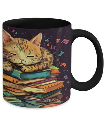 Sleepy Cat & Books Cartoon #2 Ceramic Mug