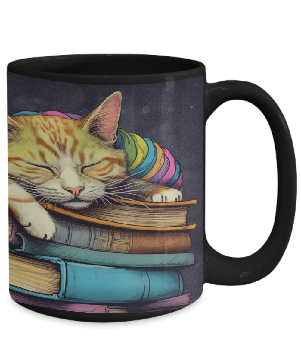 Sleepy Cat & Books Cartoon #3 Ceramic Mug