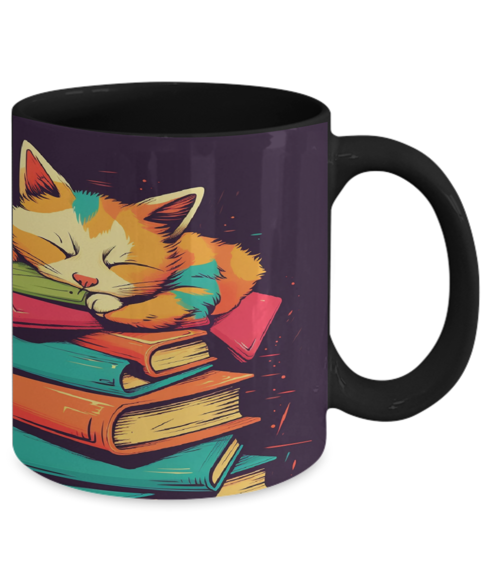 Sleepy Cat & Books Cartoon #4 Ceramic Mug