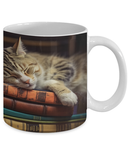 Sleepy Cat & Books Realist Style #3 Ceramic Mug