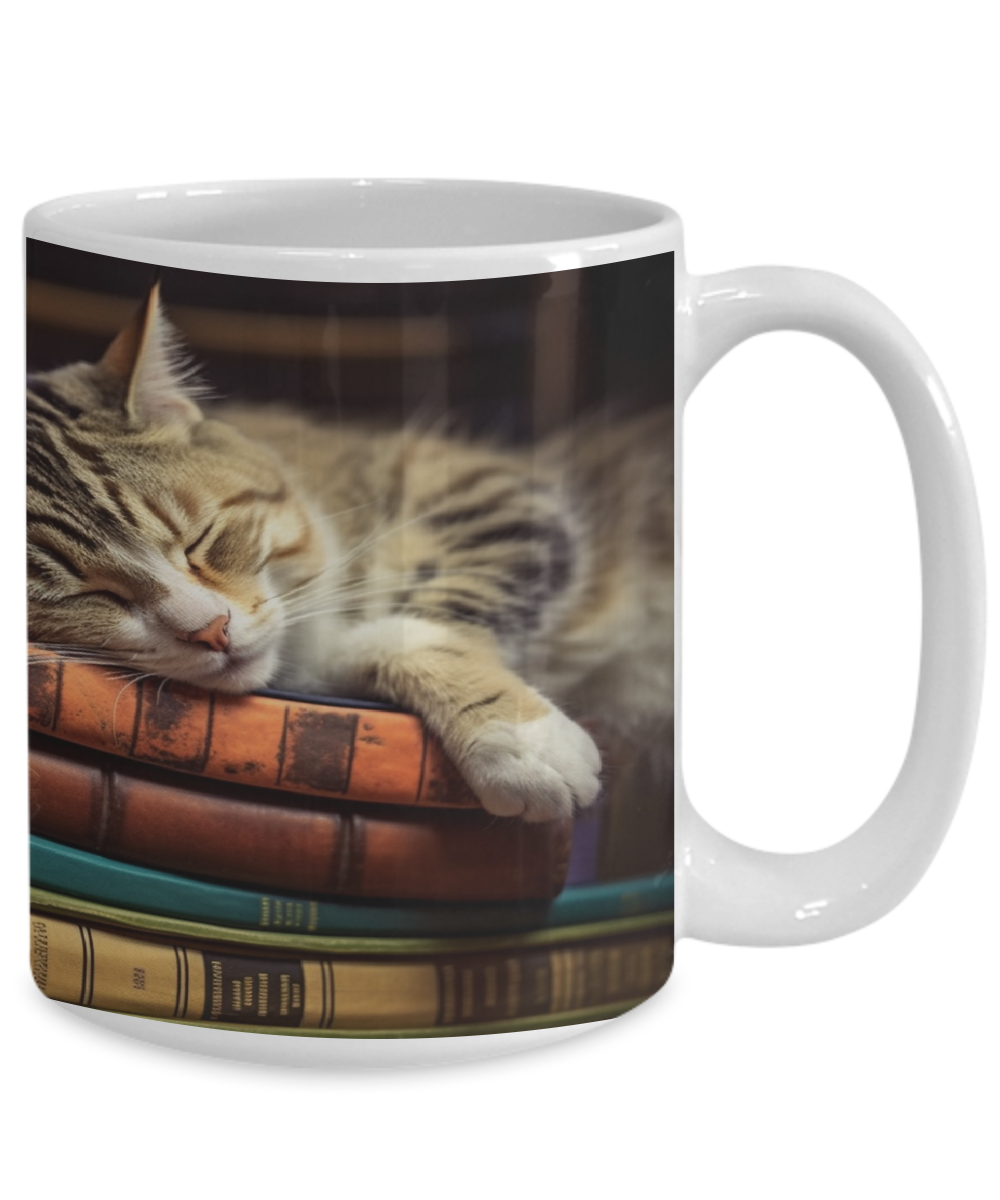 Sleepy Cat & Books Realist Style #3 Ceramic Mug