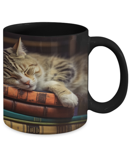 Sleepy Cat & Books Realist Style #3 Ceramic Mug