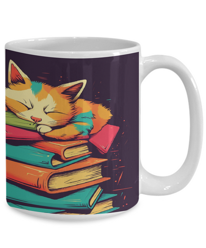 Sleepy Cat & Books Cartoon #4 Ceramic Mug