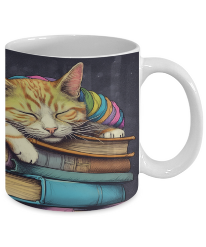 Sleepy Cat & Books Cartoon #3 Ceramic Mug