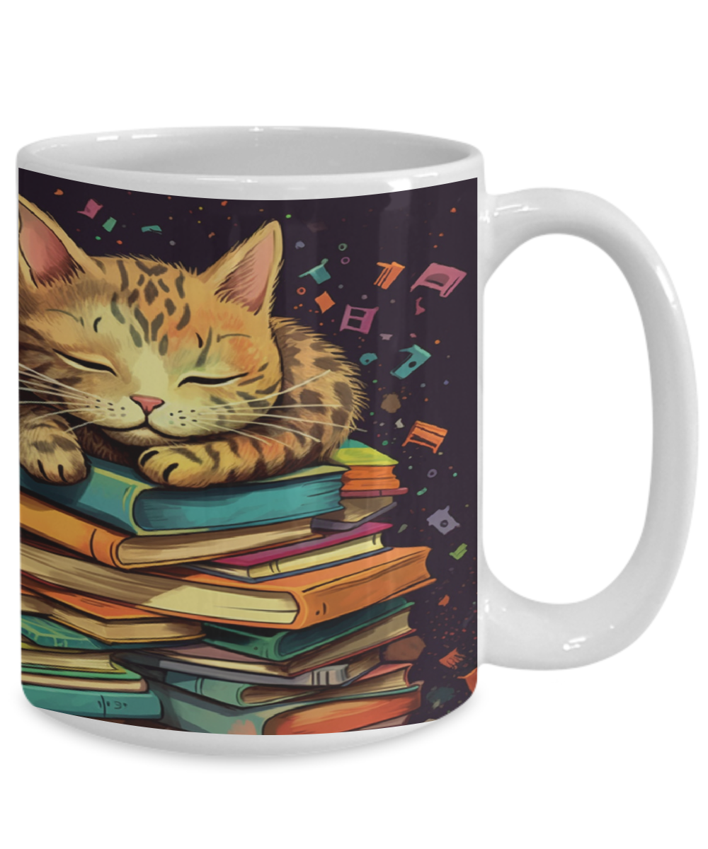 Sleepy Cat & Books Cartoon #2 Ceramic Mug