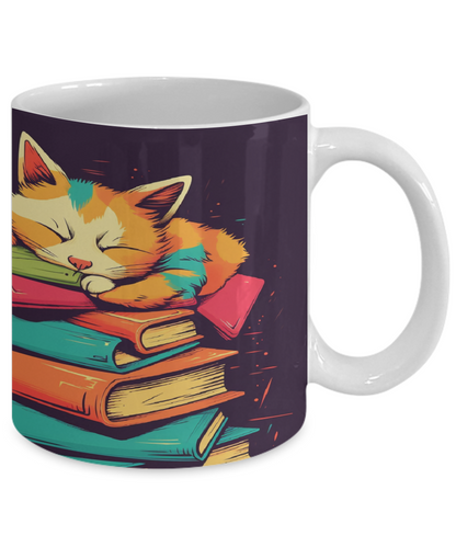 Sleepy Cat & Books Cartoon #4 Ceramic Mug