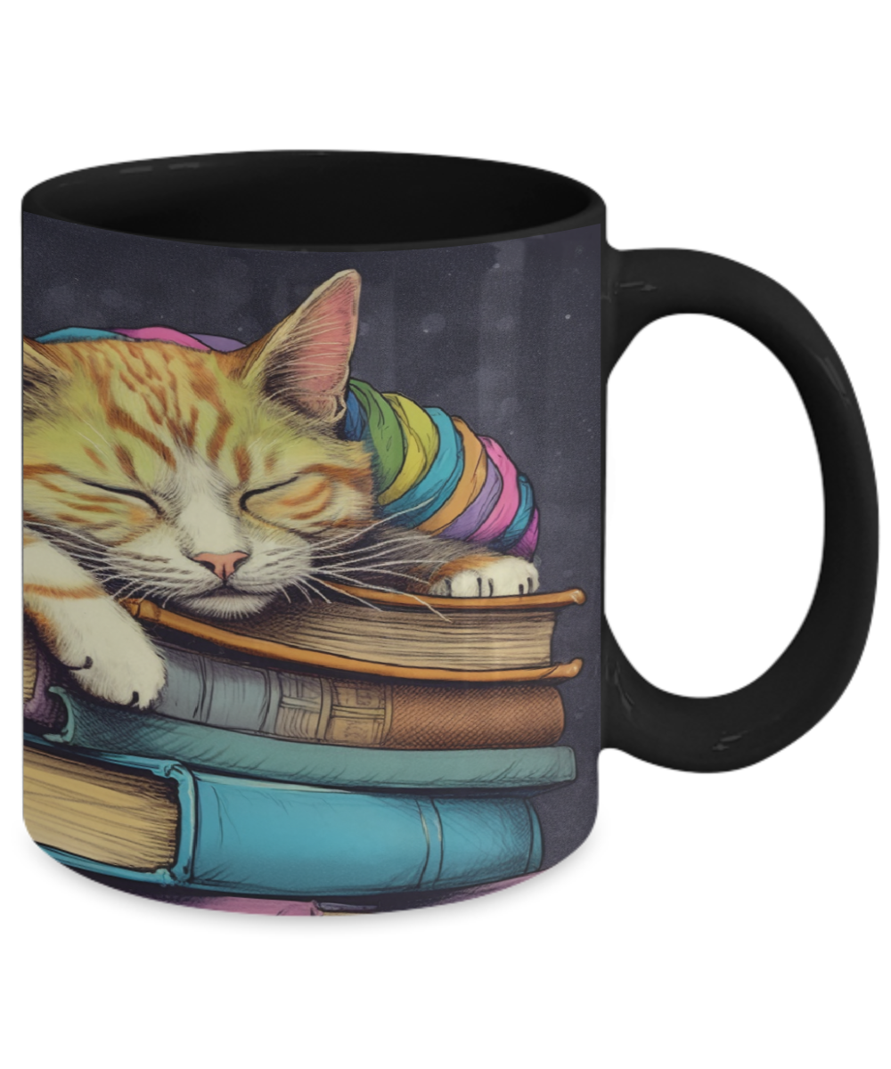 Sleepy Cat & Books Cartoon #3 Ceramic Mug