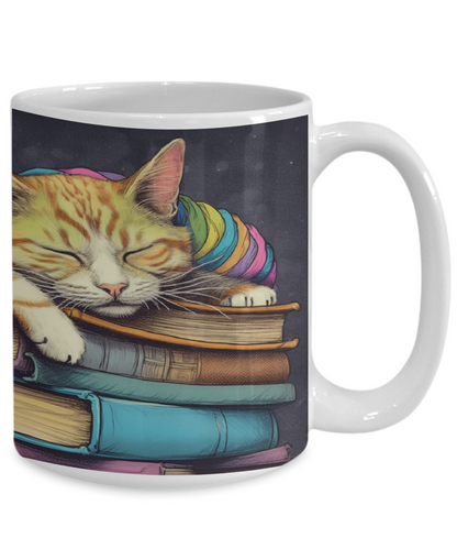 Sleepy Cat & Books Cartoon #3 Ceramic Mug