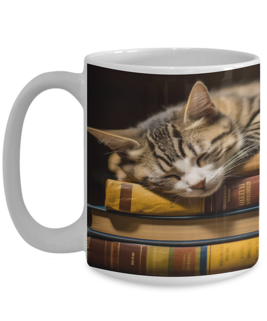 Sleepy Cat & Books Realist Style #1 Ceramic Mug