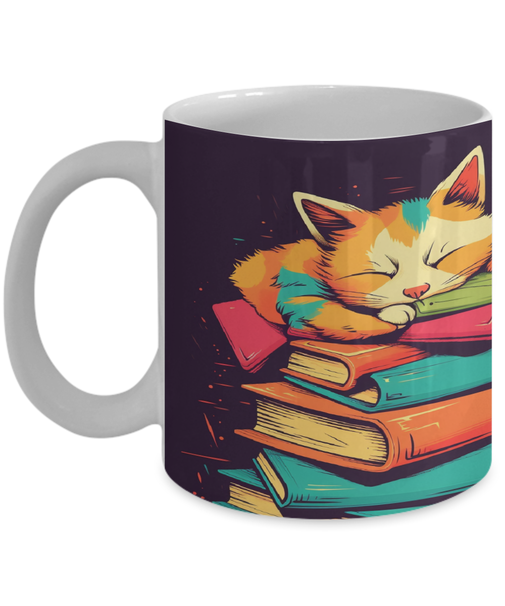 Sleepy Cat & Books Cartoon #4 Ceramic Mug