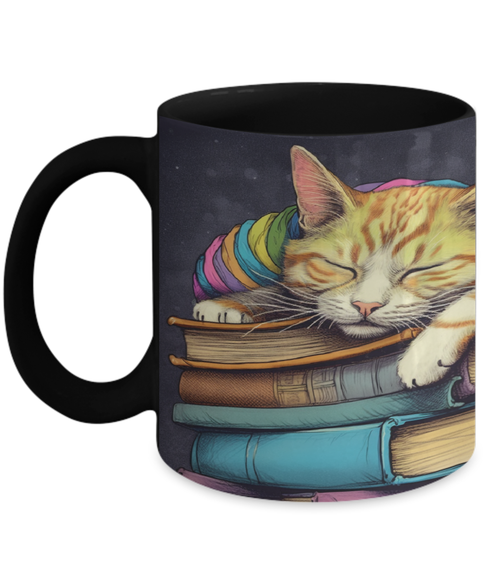 Sleepy Cat & Books Cartoon #3 Ceramic Mug