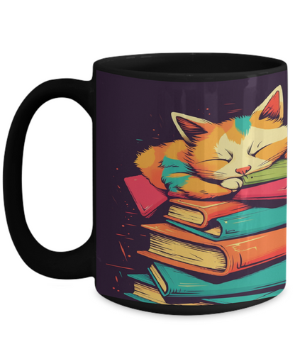 Sleepy Cat & Books Cartoon #4 Ceramic Mug