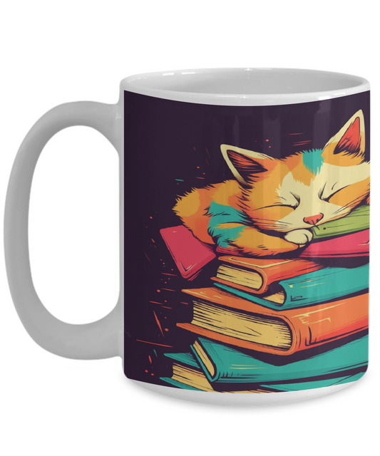 Sleepy Cat & Books Cartoon #4 Ceramic Mug