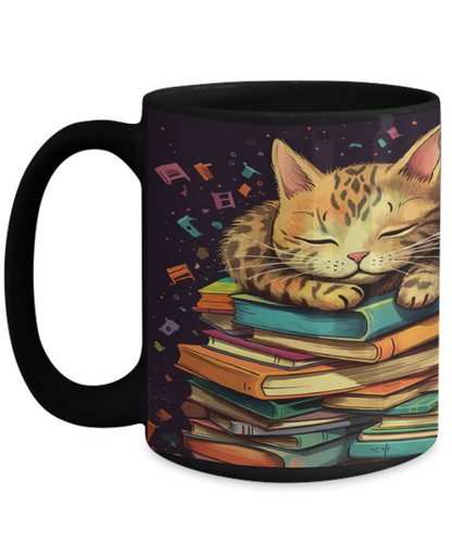 Sleepy Cat & Books Cartoon #2 Ceramic Mug