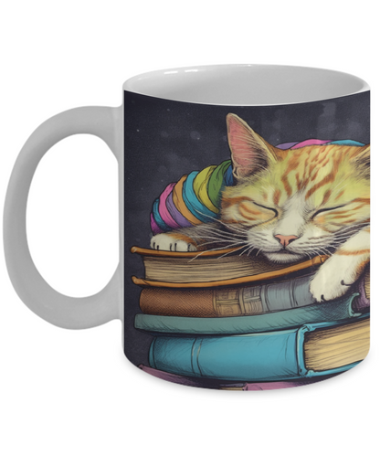 Sleepy Cat & Books Cartoon #3 Ceramic Mug