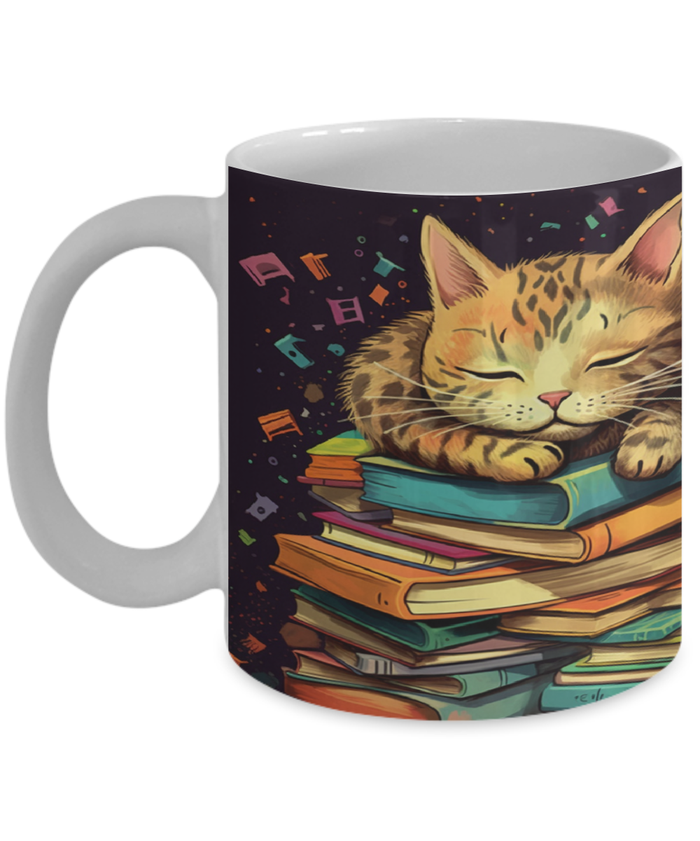 Sleepy Cat & Books Cartoon #2 Ceramic Mug