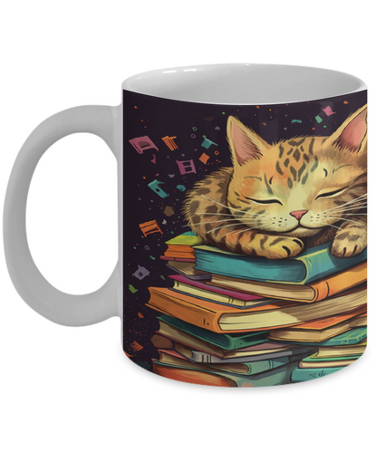 Sleepy Cat & Books Cartoon #2 Ceramic Mug