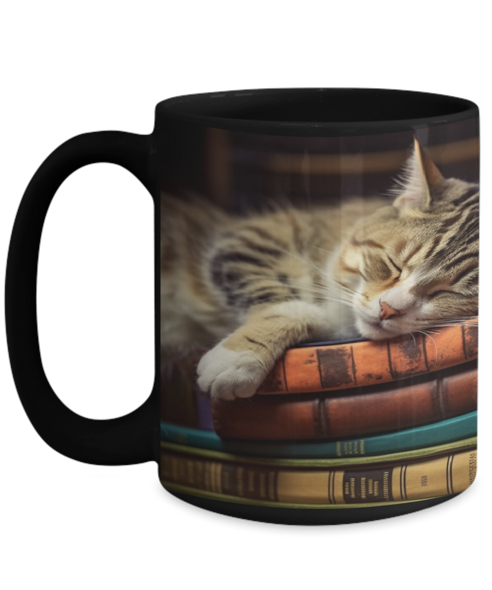 Sleepy Cat & Books Realist Style #3 Ceramic Mug