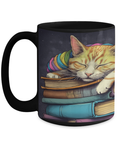 Sleepy Cat & Books Cartoon #3 Ceramic Mug