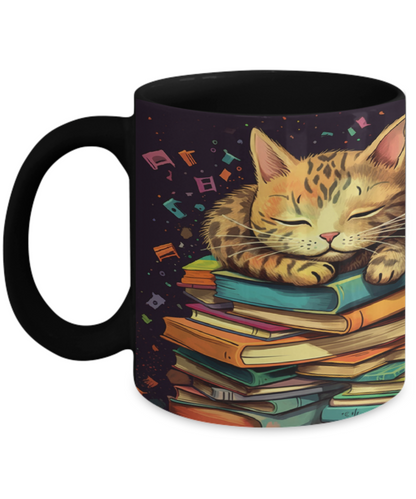 Sleepy Cat & Books Cartoon #2 Ceramic Mug