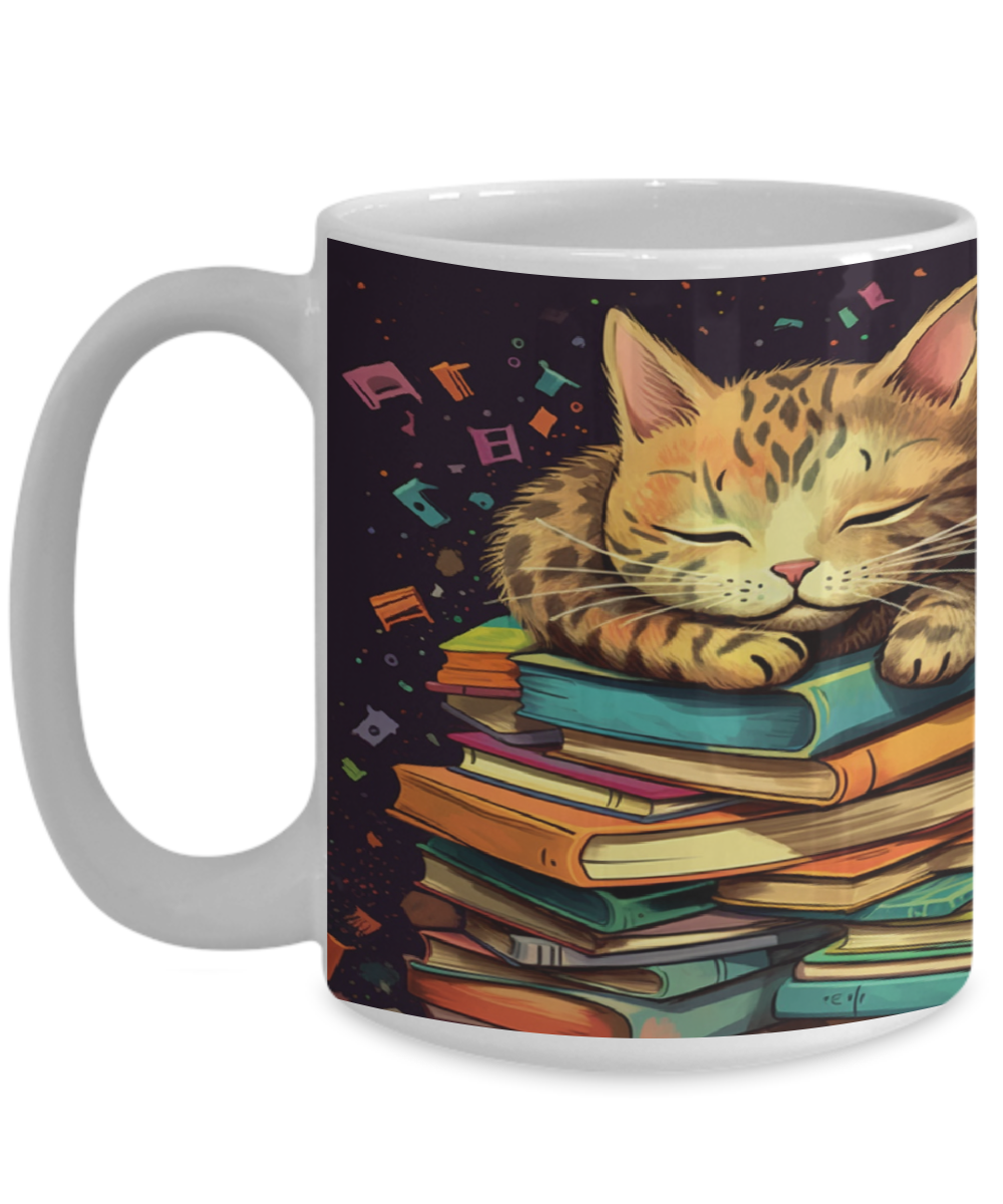 Sleepy Cat & Books Cartoon #2 Ceramic Mug