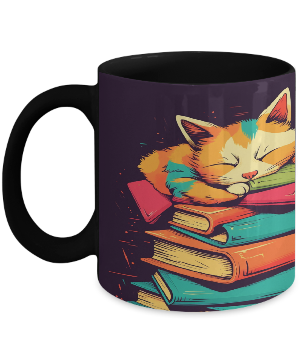 Sleepy Cat & Books Cartoon #4 Ceramic Mug