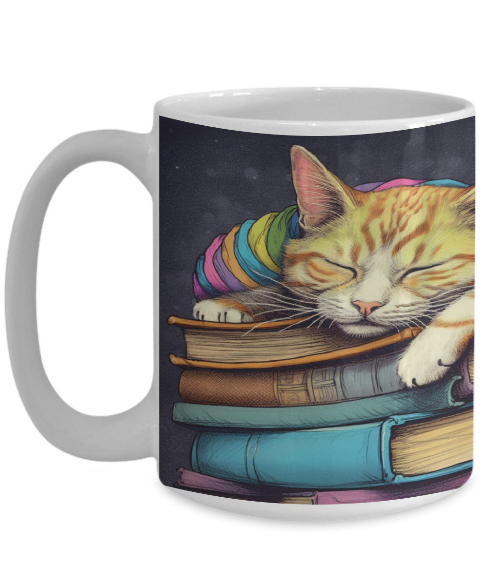 Sleepy Cat & Books Cartoon #3 Ceramic Mug