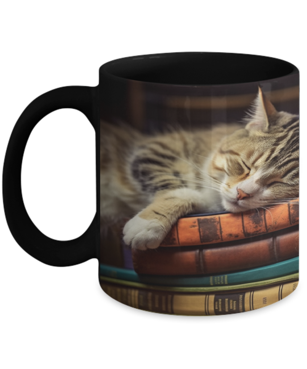 Sleepy Cat & Books Realist Style #3 Ceramic Mug