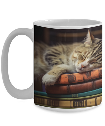 Sleepy Cat & Books Realist Style #3 Ceramic Mug