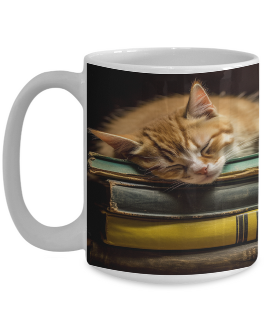 Sleepy Cat & Books Realist Style #2 Ceramic Mug