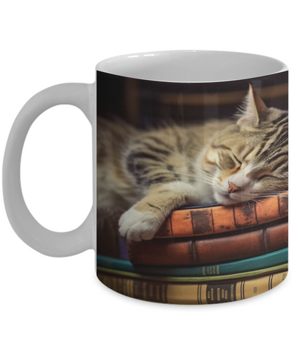 Sleepy Cat & Books Realist Style #3 Ceramic Mug