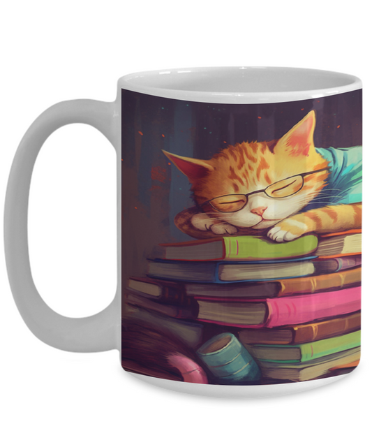 Sleepy Cat & Books Cartoon #1 Ceramic Mug